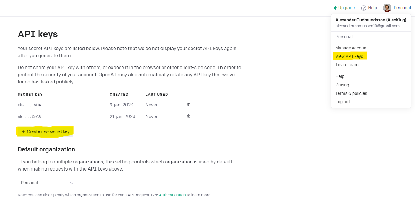 Getting API key from ChatGPT