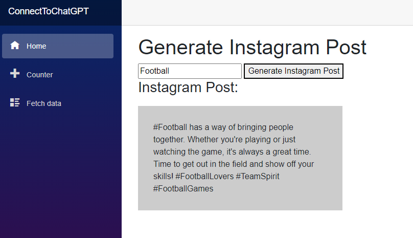 Blazor Server App that generates an instagram post by a topic with the ChatGPT model.